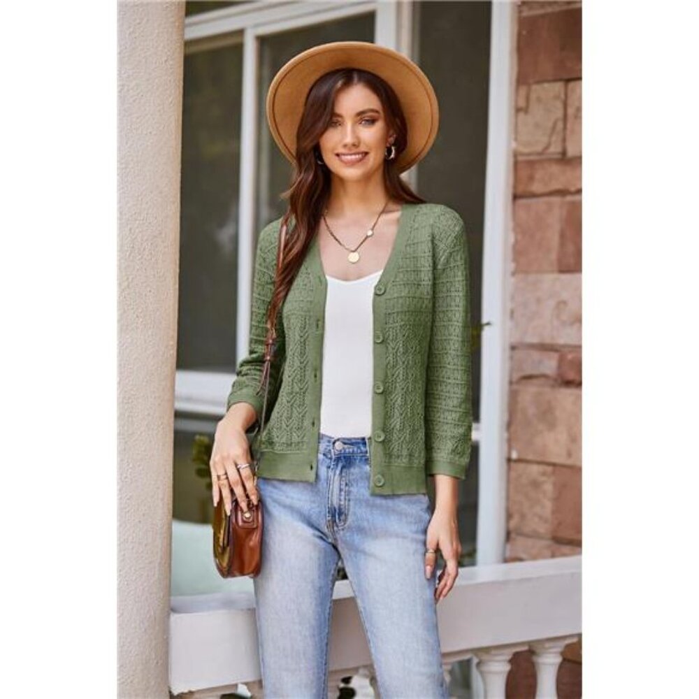 Women's 3/4 Sleeve Crochet Knit Cardigan Olive Green